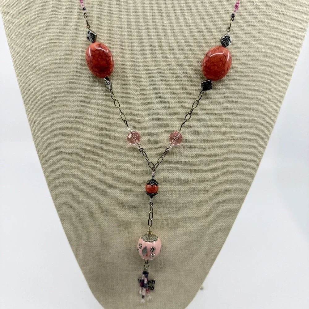 Pink Orange Beaded Butterfly Tassel Long Pendant Necklace Boho Cottagecore Y2K
